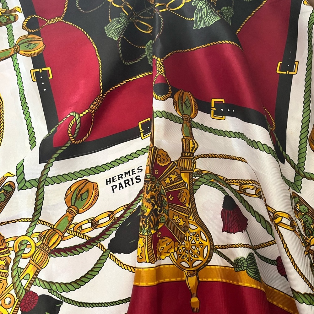 Hermès Paris Silk Scarf — Red, Black, White, Green, Gold Print